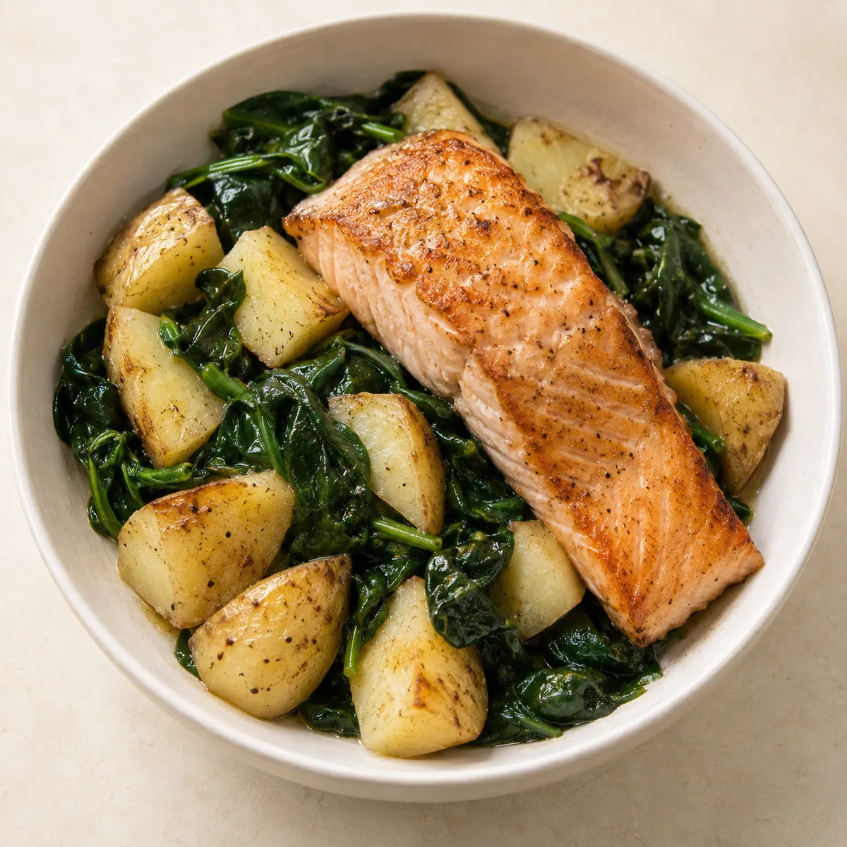 Salmon with potatoes and spinach on a plate